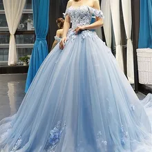 Светло-Голубое Бальное платье Бальные платья с открытыми плечами с открытой спиной 3D бусины в форме цветов Выпускные платья для сладких 15 Vestido de 15 anos