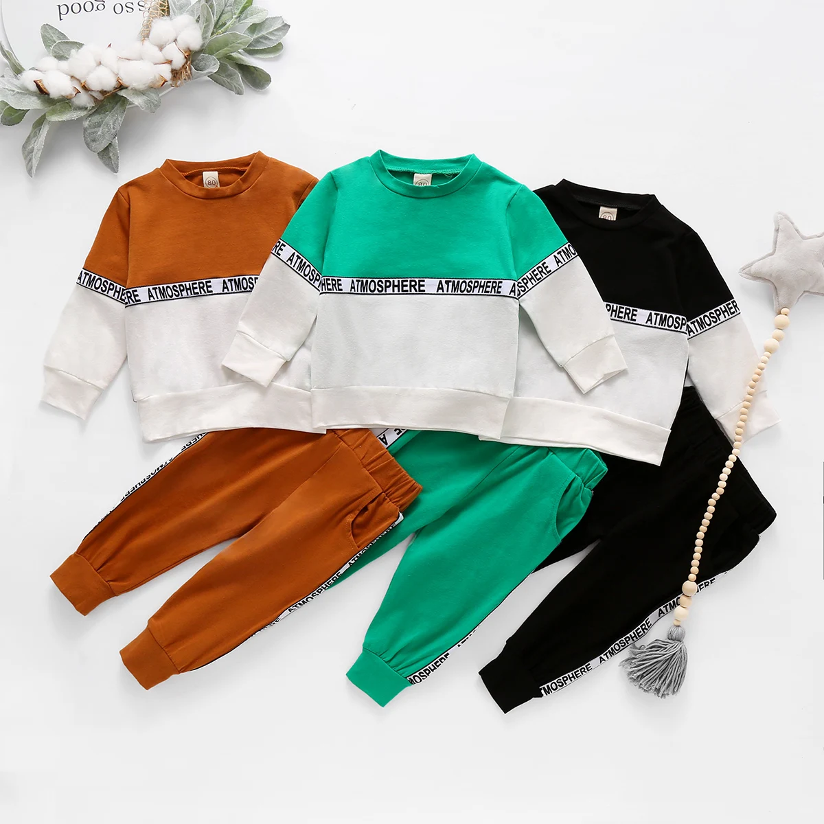 Kids Baby Girls Boys Long-sleeved Trousers Suit Personality Stitching Round Neck T-shirt and Solid Elastic Long Pants | Детская одежда