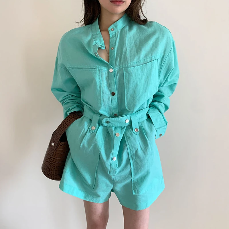 [EWQ] Cargo Pants Long Sleeve Women Korean Chic Short Jumpsuit Lace-up Waist Slimming Long-sleeved Tooling Overalls Rompers 16W6 |