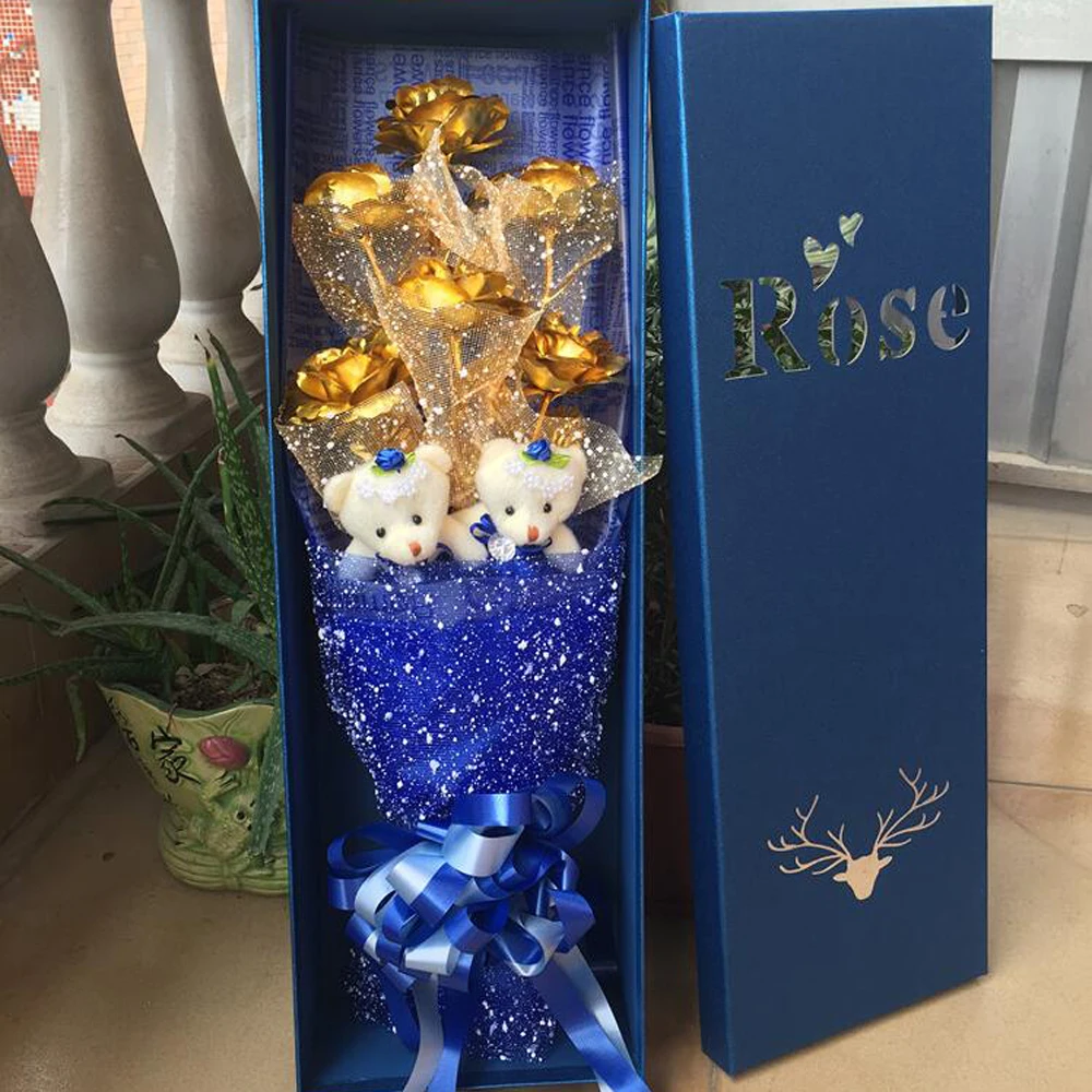 

Gift box glod leaf flower plush bouquet toy Valentine's Day birthday girlfriend Gifts toy bear