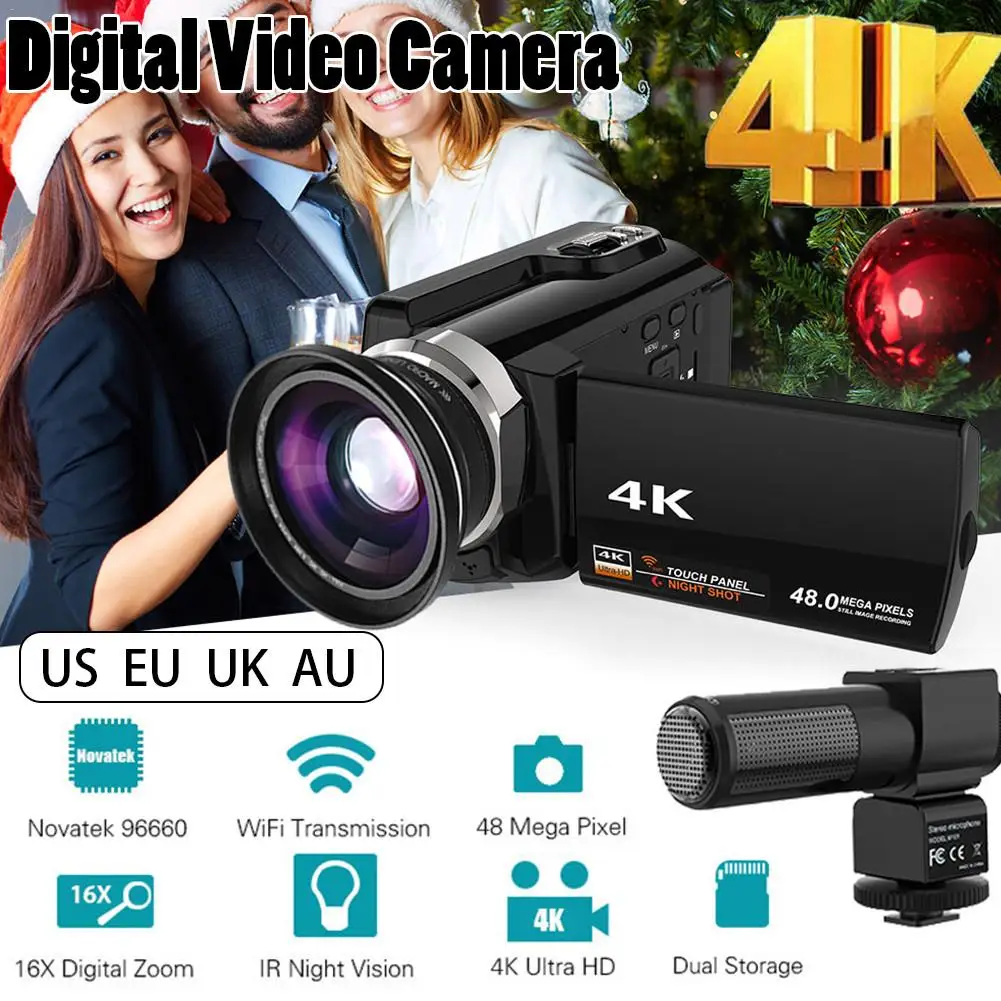 Цифровая HD видеокамера 4K WiFi Ultra 1080P 48MP 16X зум видеокамера+ микрофон+ широкоугольный объектив для домашнего использования видеокамера