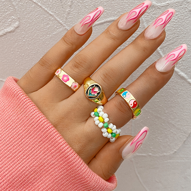 Heart Y2K Ring Set Open Cooper Rings For Women Candy Color Hand-painted Knuckle Rings Jewelry