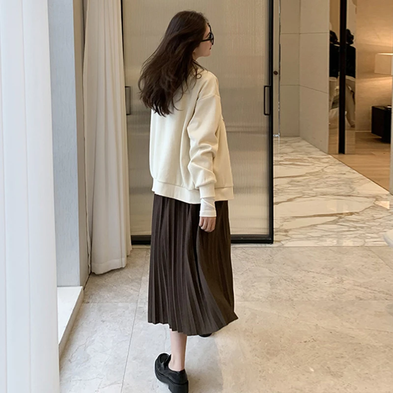8168# Autumn Winter Korean Fashion Thicken Warm Pleated Maternity Skirts Chic Ins A Line Loose Belly Clothes for Pregnant Women