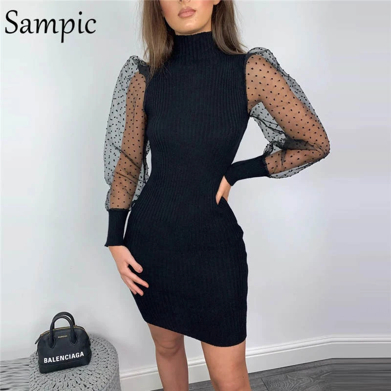 Женское трикотажное платье в горошек с высоким воротником|Платья| |