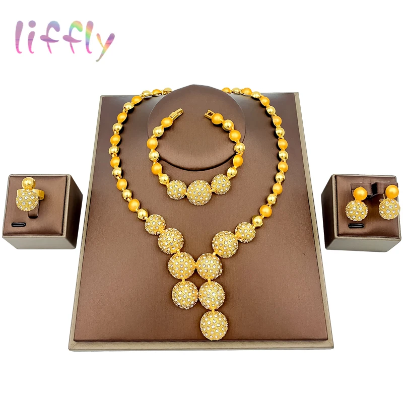 

Liffly New African Beads Costume Jewelry Set Luxury Dubai Gold Jewelry Sets Nigerian Wedding Necklace Ring for Women