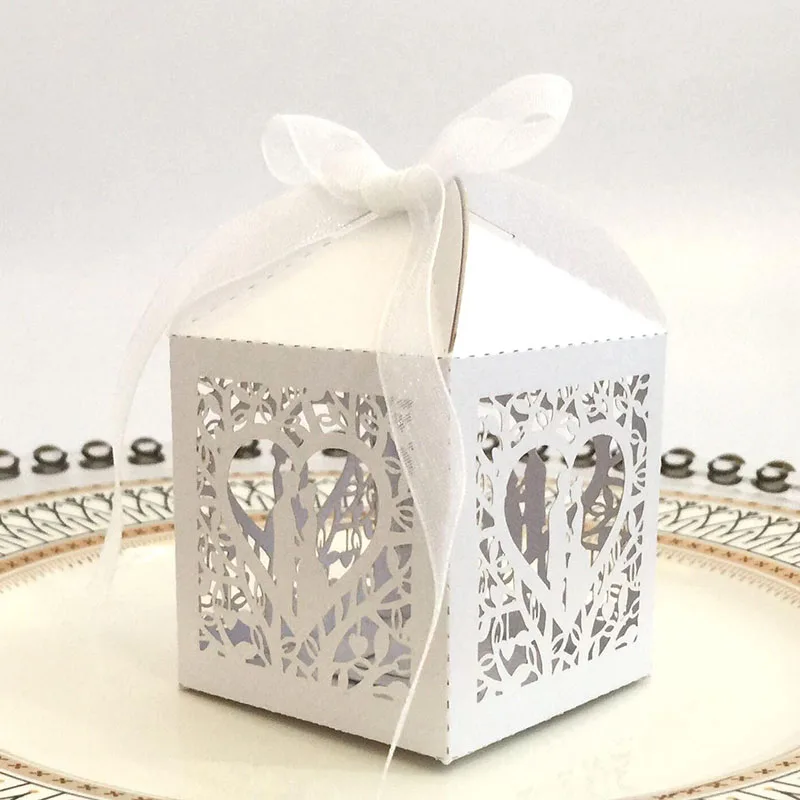 25Pcs New Love Birds Laser Cut Candy Gift Box Wedding Party Favour Boxes Ribbons 