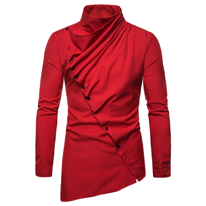 Модная мужская Осенняя Тонкая Повседневная рубашка с длинным рукавом и стоячим воротником/мужская хлопковая Асимметричная рубашка высокого качества - Цвет: red