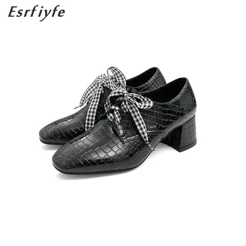 

ESRFIYFE 2020 New Fashion Brand Women High Heels PU Leather Corss-tied Spring Summer Shoes Woman Square Toe Party Pumps Shoes