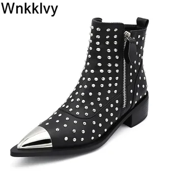 

Autumn winter pointed toe martin boots 2020 female chunky high heel shoes metal pointed toe rivets decor handsome ankle botas