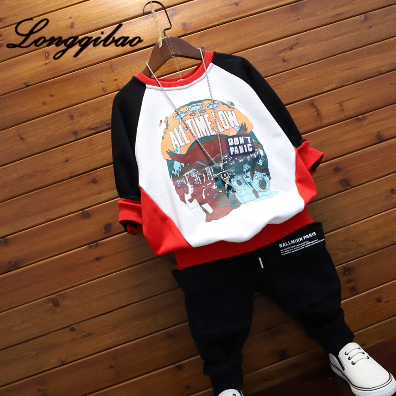 

Boys cotton printed sweater spring and autumn models in the big children hit color stitching bat shirt bottoming shirt
