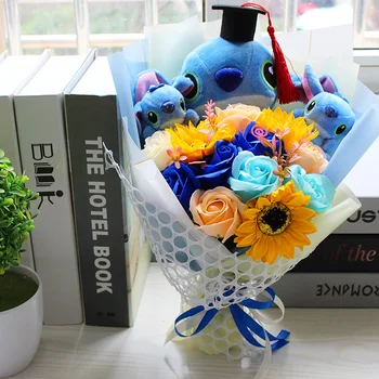 

New Stitch Doraemon plush toys with Doctorial hats cartoon flower Bouquet Stuffed Animal Dolls For Graduation gifts