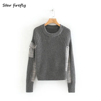 

Star firefly fashion Za knit sweater female 2019 autumn casual slim round neck long sleeve elastic stitching pullover sweater