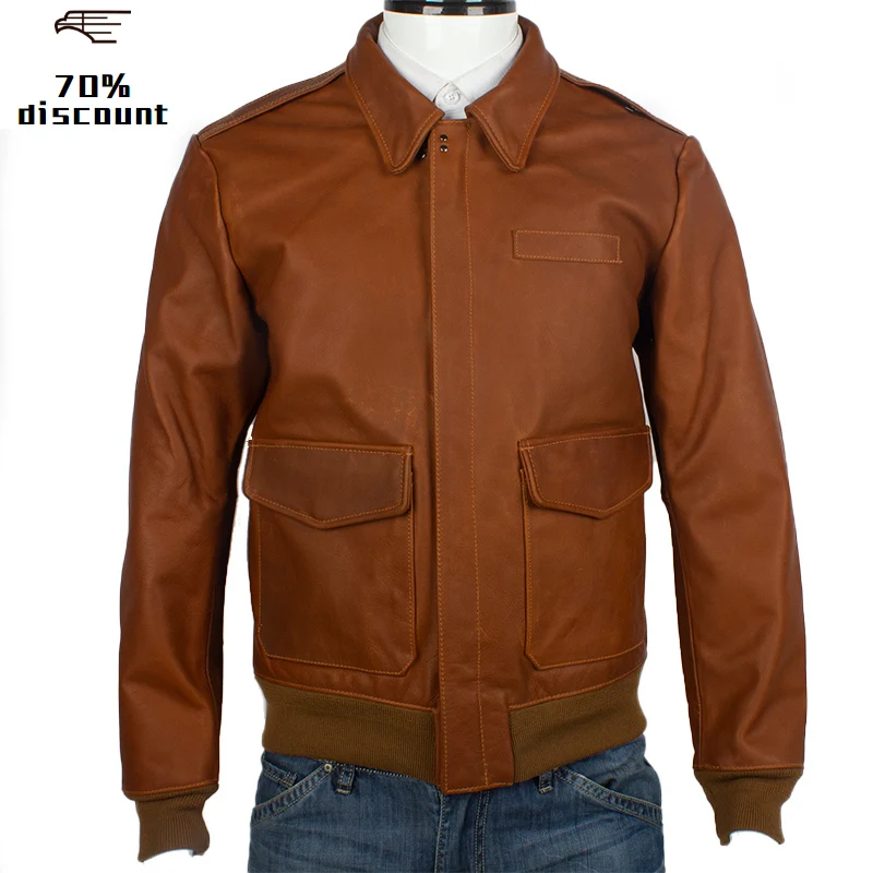 

2020 Brown Men USAF Military A2 Pilot Leather Jacket Large Size XXXL Genuine Cowhide Autumn Natural Aviator Leather Coat