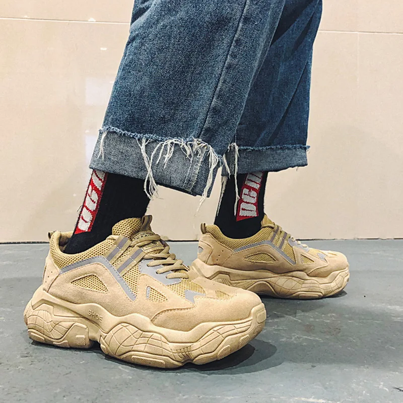ADISPUTENT New Men Chunky Sneakers Platform Thick Sole Casual Vulcanize Shoes Web Celebrity Dad Female Fashion Sneakers Designer - Цвет: Khaki