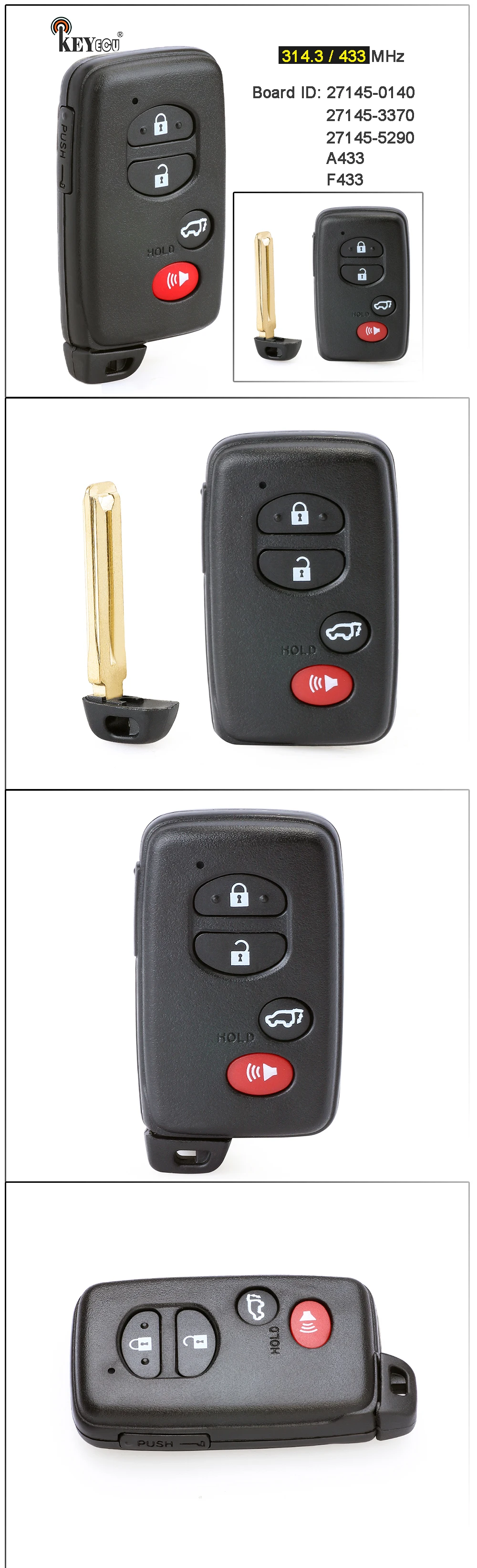 Keyforkess A433 F433 27145-0140 / 27145-3370 / 27145-5290 Smart Card Remote Key Fob per Toyota Avalon Camary Aurion Sequoia Prius - H97baa787b5ea444298dcfc16cc5779f3c