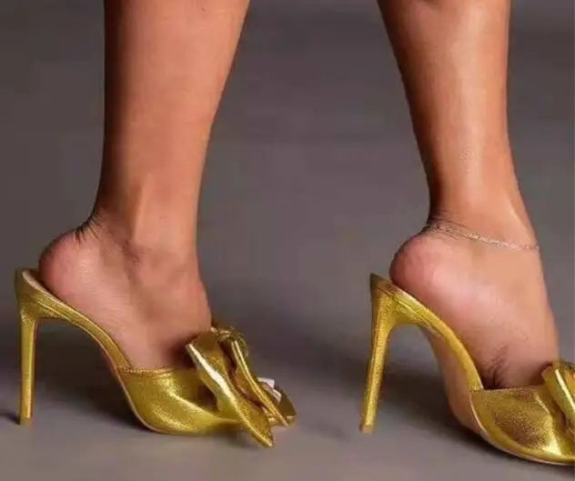 

Dipsloot Woman Gold Purple Big Bow Tie Butterfly Knot Slip On Heels Slippers Female Square Toe Party Sandals Shoes Lady