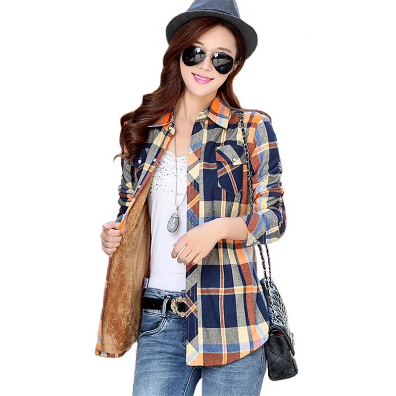 

Women Winter Thick Velvet Plaid Keep Warm Sweaters Pocket Long Sleeve Shirt Buttons 2019 Female Tops Shirts Plaid Shirt Women