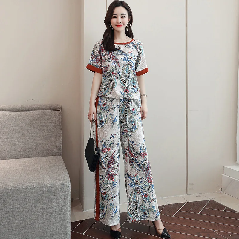 

2019 Spring Summer New Style Printed Cool Loose Pants Women's Fashion Handsome Slimming Tops Two-Piece Set