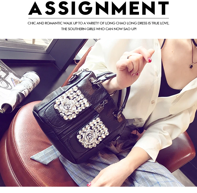 Advanced custom women handbag diamond flower multi-function handbag solid color PU custom shoulder bag