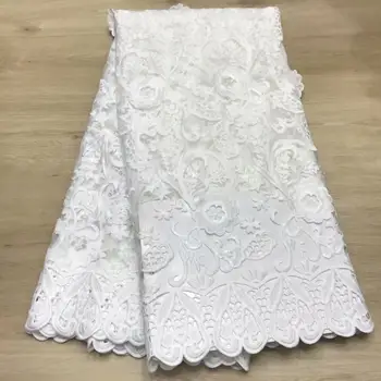 

Latest white African embroidered tulle fabric 2020 high quality French milk silk lace fabric with 3D sequins in 5 yards YYZ2689