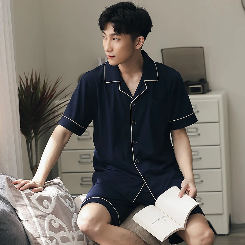 Summer Short Pajamas for Men 2PCS Short Sleeves Sleepwear Men Soft Navy Nightwear PJs 2020 Night Pijamas Homme Plus Size L-4XL