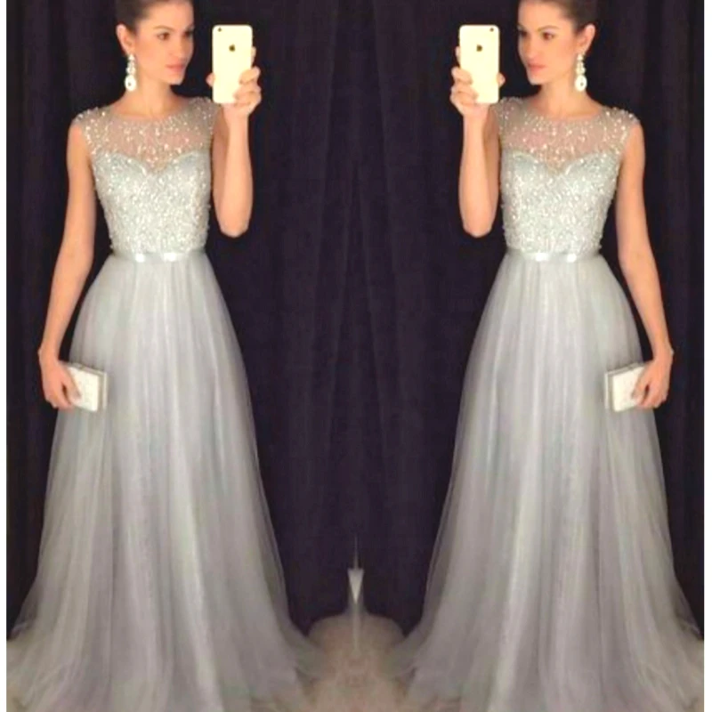 

Summer Women Fashion Sleeveless Chiffon Elegant Round Neck High Waist Sequins Light Grey Banquet Dress Party Dress