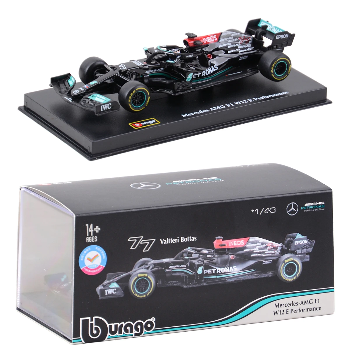 Bburago 1:43 Mercedes AMG 2021 W12 E Performance #77 Valtteri Bottas статическая имитация литая модель из