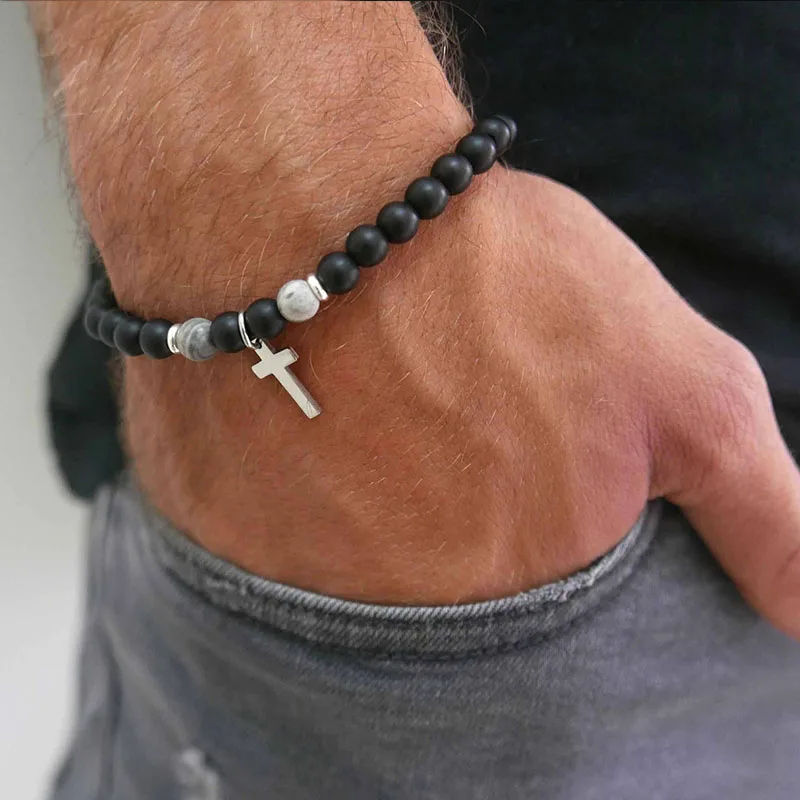 Men's Cross Beaded Bracelet-Christian Religious Bracelet