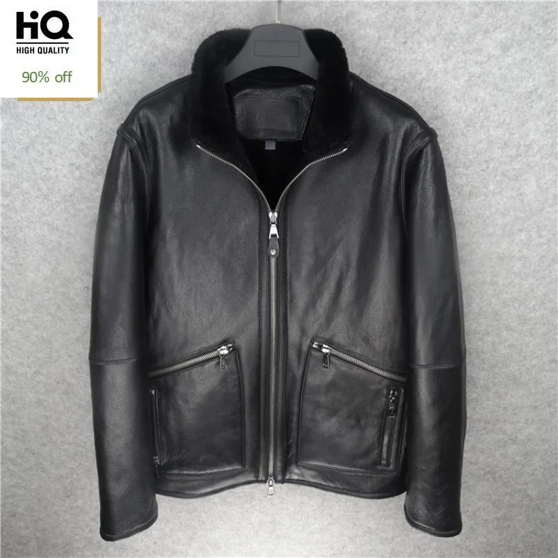 

High Quality Luxury Genuine Leather Outerwear Mens Winter Thick Warm Sheepskin Jacket Male Slim Fit Pocket Zipper Coat XL-3XL