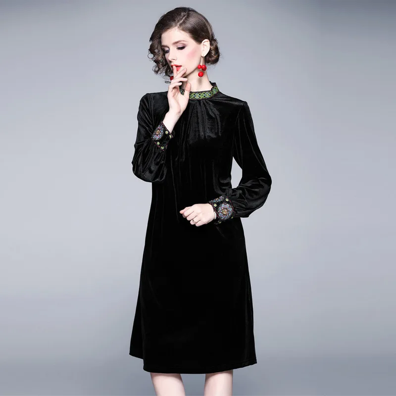 

Europe And America WOMEN'S Dress Fat Mm Embroidered Stand Collar Long Sleeve Gold Velvet Dress Autumn And Winter Mid-length