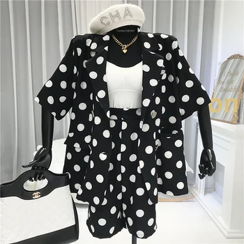 

Polka Dot 2 Piece Sets Womens Outfits High Street Double Breasted Blazers Women+shorts Korean Style Women Knee-Length