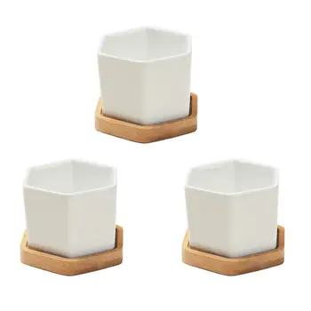 

3 Sets of Small White Ceramic Hexagonal Succulent Containers Plant Pot Cactus Planter Pot with Bamboo Tray 6.3x6.3x5cm