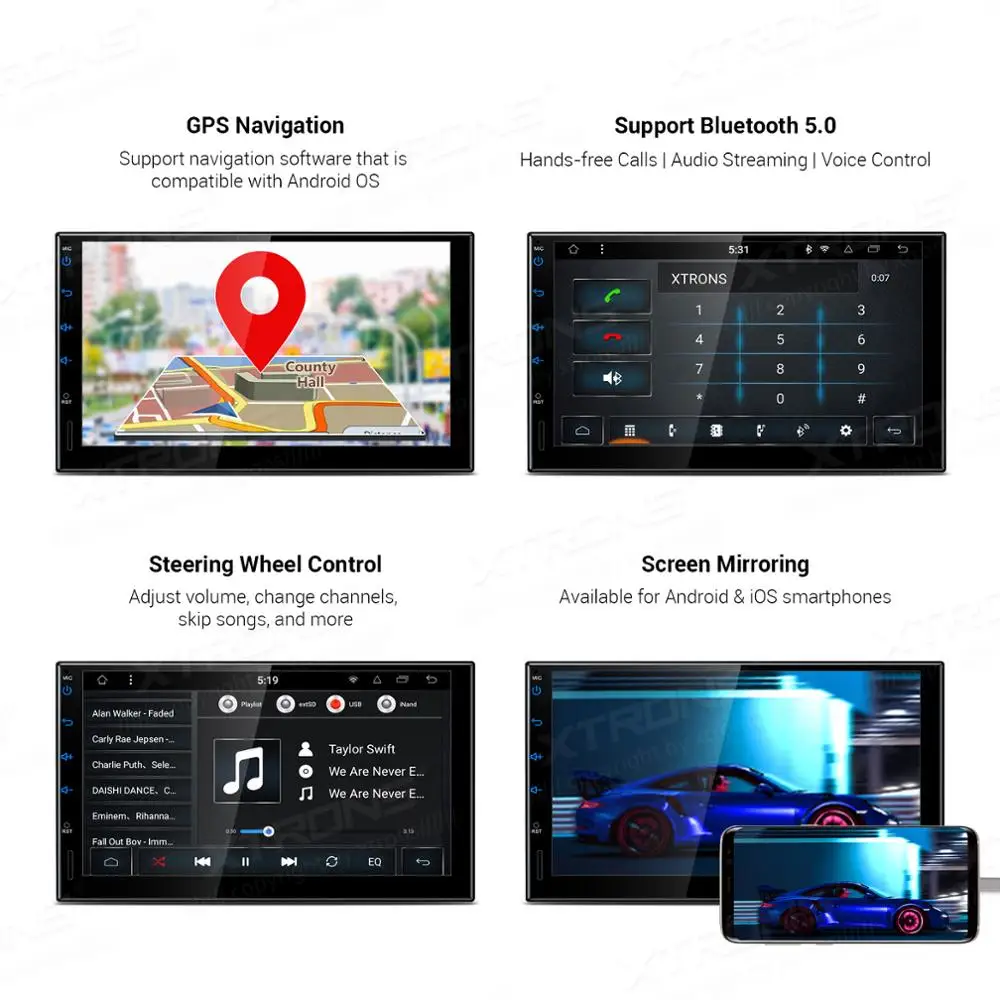 XTRONS " ips Универсальный Android 9,0 Восьмиядерный 2G 32G Автомобильный стерео Мультимедийный плеер двойной din gps 2.5D изогнутые очки wifi без DVD