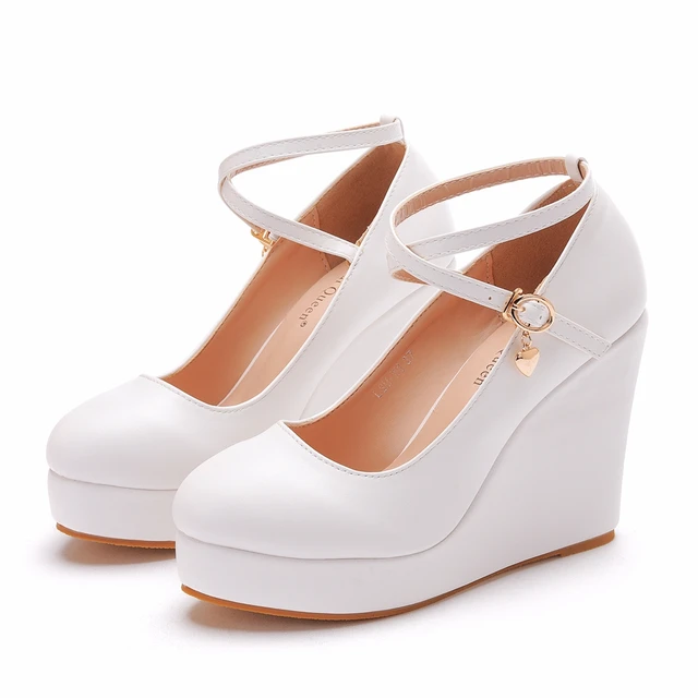 Crystal Queen White Platform Wedges Pumps Women High Heels Shoes Round Toe Cross Ankle-Strap Large Sizes 5