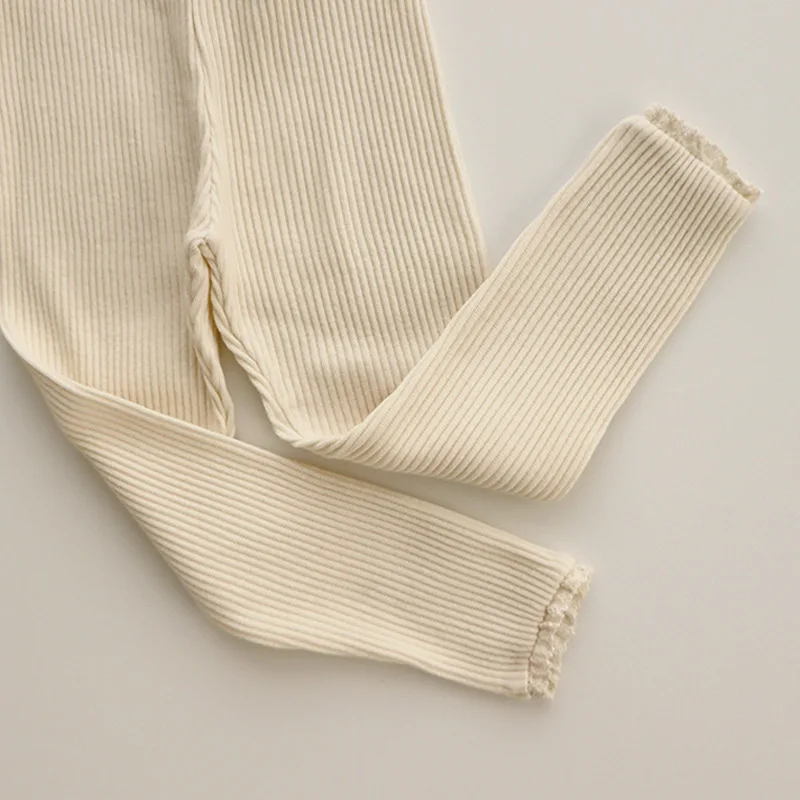 Fashion Baby Leggings Spring Autumn Children's Fashion Lace Edge Knitted Rib Pants Pure Color Cotton Striped Casual Trousers