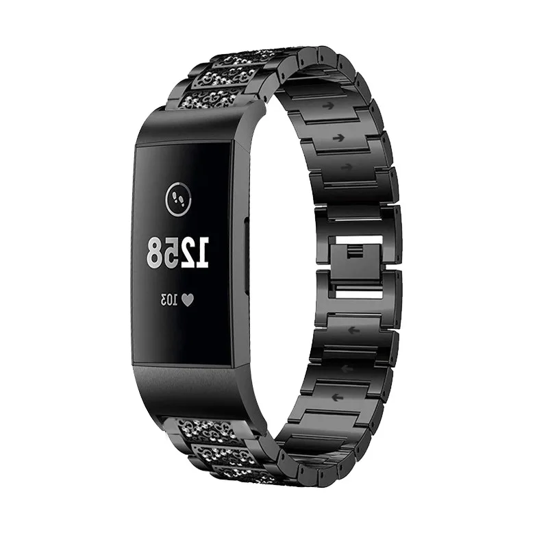 Для Fitbit Charge 3 Смарт-часы ремешок Роскошный горный хрусталь Нержавеющая сталь ремешок для часов серебристый черный золотистый кулончик 4 цвета