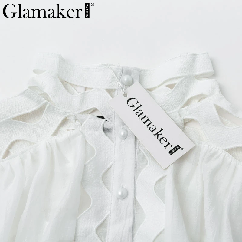 Glamaker Sexy transparent ruffle short dress Women long lantern sleeve A-line Organza white dress Button party autumn vestidos