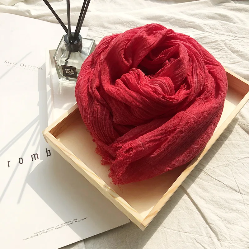red Kasure, одноцветное изделие, смесь хлопка, сморщенные тканые шарфы для женщин и мужчин, Длинный мягкий теплый шарф с кисточками, мусульманские хиджабы, шарфы, шаль - Цвет: red