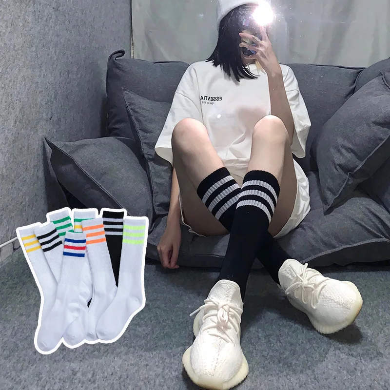 

Calf Socks Female Ins Tide Japanese Stripes Three Bars Spring and Summer White Long Tube Jk Japanese Students Knee-length Socks