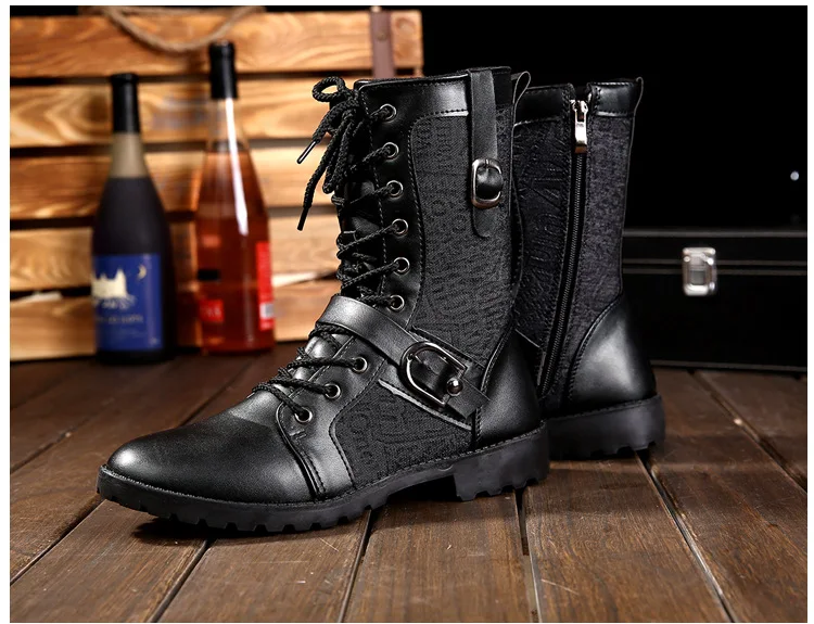Новые мужские демисезонные мотоциклетные ботинки мужские ботинки до середины икры повседневные ботинки на шнуровке chaussure homme, большие размеры 39-44, черный цвет