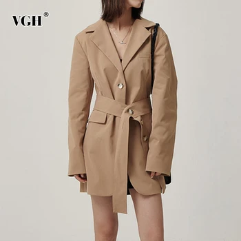 

VGH Korean Elegant Women Blazers Lapel Collar Long Sleeve Pocket Lace Up Oversized Loose Female Suits 2020 Autumn Fashion New