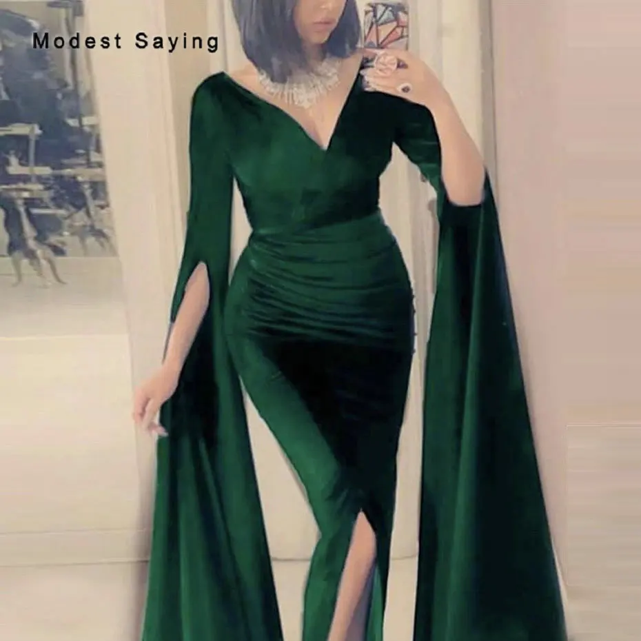 

Sexy Split Emerald Green Straight Evening Dresses 2020 Trampet Floor Length Sleeve Velour Drama Party Prom Gowns robe de soiree