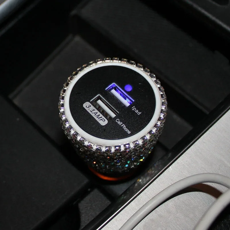 Хрустальные стразы двойной USB быстрая зарядка автомобильное зарядное устройство для мобильного телефона Ipad Поворот Быстрая Зарядка адаптер серебро