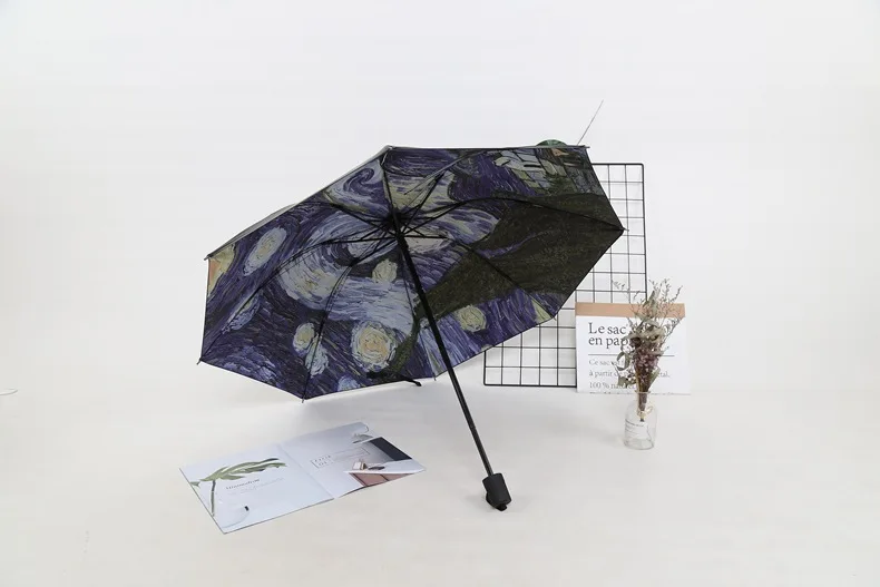 Star Sky Umbrella Foldable Van Gogh Oil Painting Sun Protection Parasol Windproof Double Reverse Umbrellas Female Umbrella Let