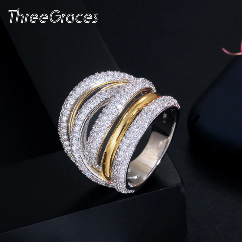 

ThreeGraces Luxury Yellow Gold and Silver CZ Stone Setting Geometric Big Round Cocktail Dancing Party Rings for Women J0103