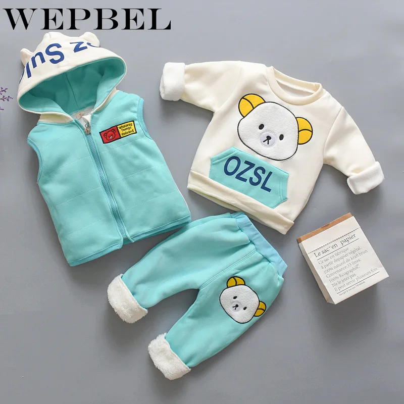 WEPBEL/осенне-зимний комплект одежды для маленьких девочек и мальчиков; детская одежда; детский утепленный жилет с капюшоном; свитер; брюки; спортивные костюмы из 3 предметов