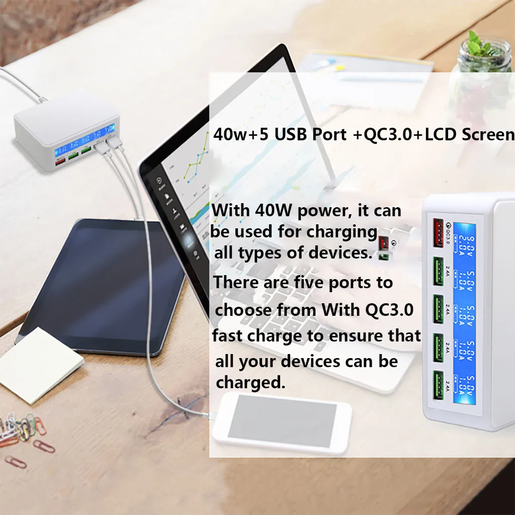 QC3.0 мульти USB 5-портовый Смарт быстрое зарядное устройство зарядная станция с светодиодный дисплей Мобильный телефон быстрое зарядное устройство адаптер 5 портов с экраном