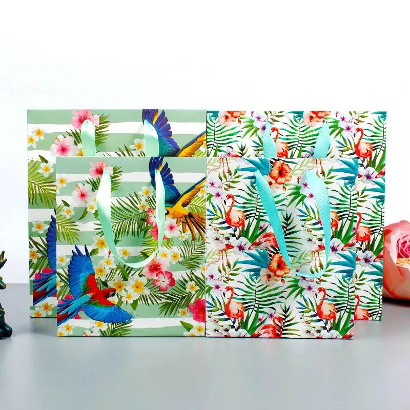 tropical parrot flamingos paper gift bag packaging wedding party favors paper bags for gift bags with handles пакеты бумажные