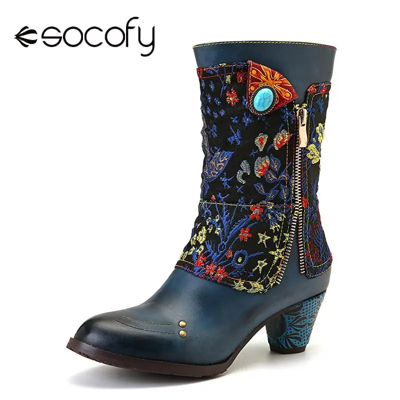 SOCOFY/ботинки в стиле ретро; ботинки из натуральной кожи с вышитым цветочным узором; женская обувь; Botines Mujer;
