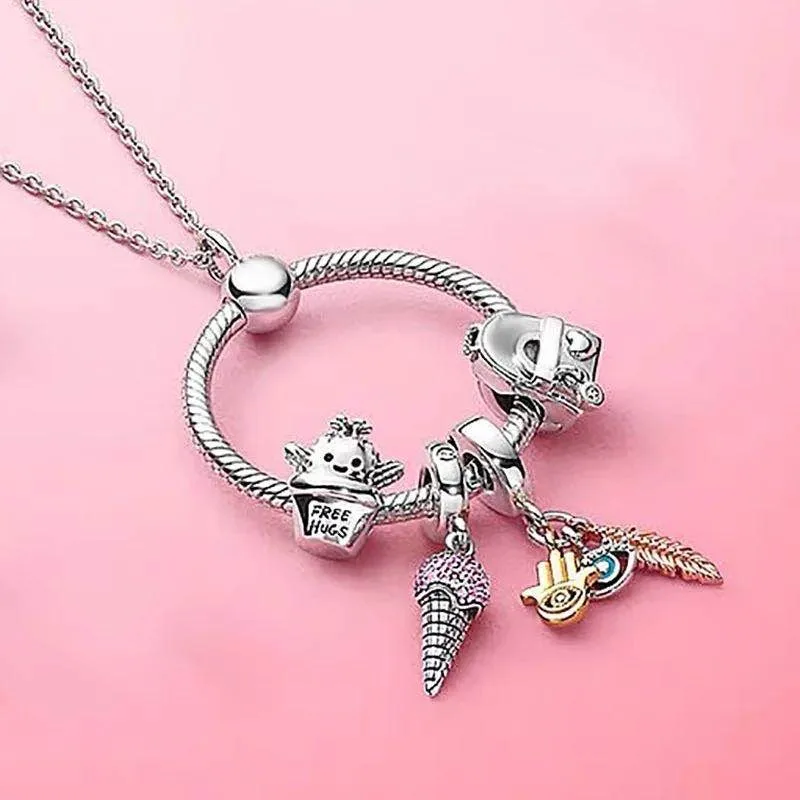 

2020 New 100% 925 Sterling Silver 1:1 Spring Ice Cream Cactus Backpack Hand Letter O Pendant Pan necklace Female